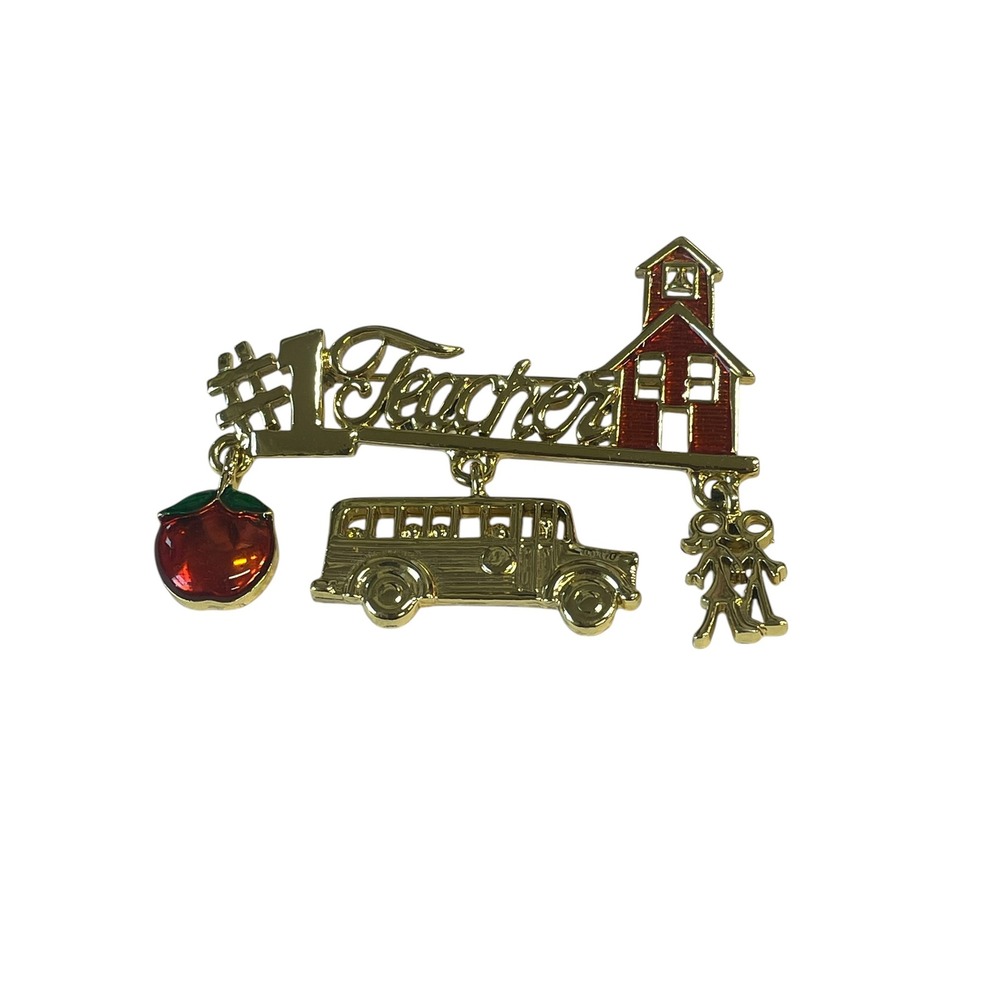 #1 Teacher Brooch Pin Gold Red School Bus Apple Charm Bar Vintage